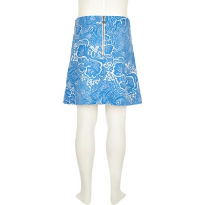 Girls blue floral print A-line skirt